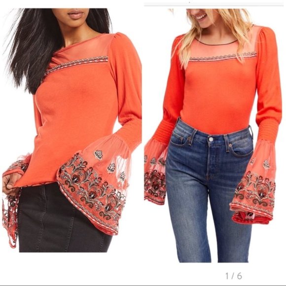 Free People Tops - FREE PEOPLE High Tides Orange Embroidered Boho Bell Sleeve Top Small